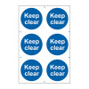 ‘Keep Clear’ Sign, Self-Adhesive Semi-Rigid PVC (100mm x 100mm) 6 Per Sheet